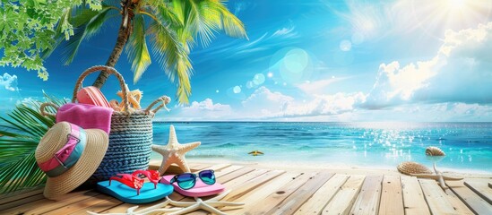 Summer tropical beach background with beach accessories on wooden, blue sky and sea in the background with copy space Beach Accessories On Deck Beach - Summer Holidays