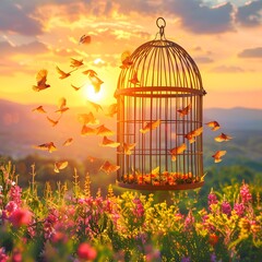 Birds are flying from the cage.