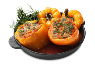 Tasty stuffed peppers and dill in pan isolated on white
