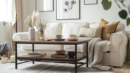 Elegant living room with a black metal frame and walnut wood top coffee table, featuring two shelves for storage. Contemporary decor with plush white fabric sofa, surrounded by home accessories like v