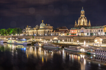 Dresden Night Skyline with Frauenkirche and Reflections on the Elbe River