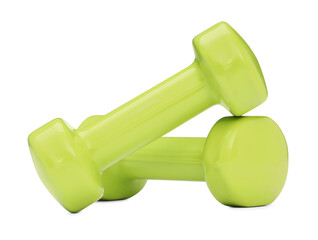 Light green dumbbells isolated on white. Sports equipment