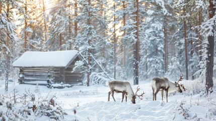 Reindeer in the winter forest in Finnish Lapland against the background of a snow-covered forest hut.