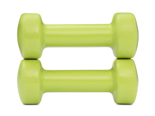 Light green dumbbells isolated on white. Sports equipment