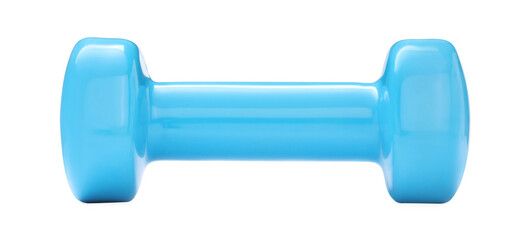 Light blue dumbbell isolated on white. Sports equipment