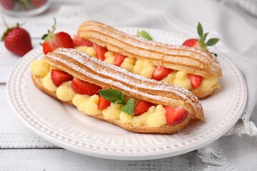 Delicious eclairs filled with cream, strawberries and mint on white wooden table, closeup