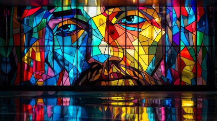 Obraz premium Colorful stained glass window with the image of the face of Jesus.