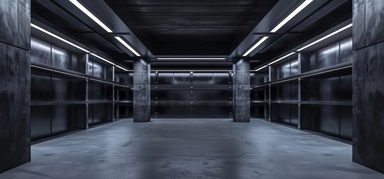 A realistic rendering of an empty 3D tunnel corridor made from dark concrete with led white lights, cement, asphalt, and metal structure