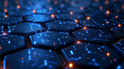 Fototapeta premium A background of interconnected hexagons and glowing points, representing the networked nature of digital technology