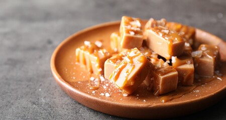Plate with tasty candies, caramel sauce and salt on grey table, closeup