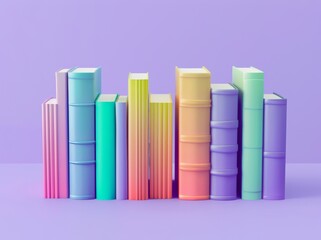 Rendering of a colorful bookshelf on a purple background