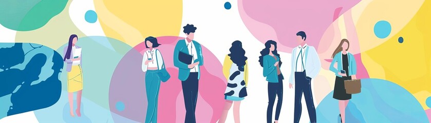 Obraz premium business professionals flat design top view corporate environment cartoon drawing colored pastel