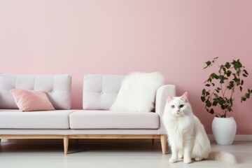 Portrait of a funny turkish van cat on crisp minimalistic living room