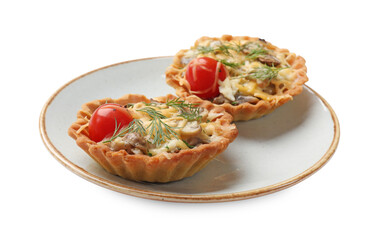 Tasty tartlets with cheese, tomatoes, mushrooms and dill isolated on white