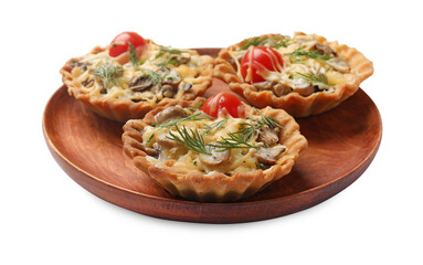 Tasty tartlets with cheese, tomatoes, mushrooms and dill isolated on white