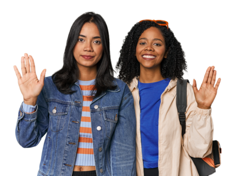 Latin friends ready for vacation smiling cheerful showing number five with fingers.