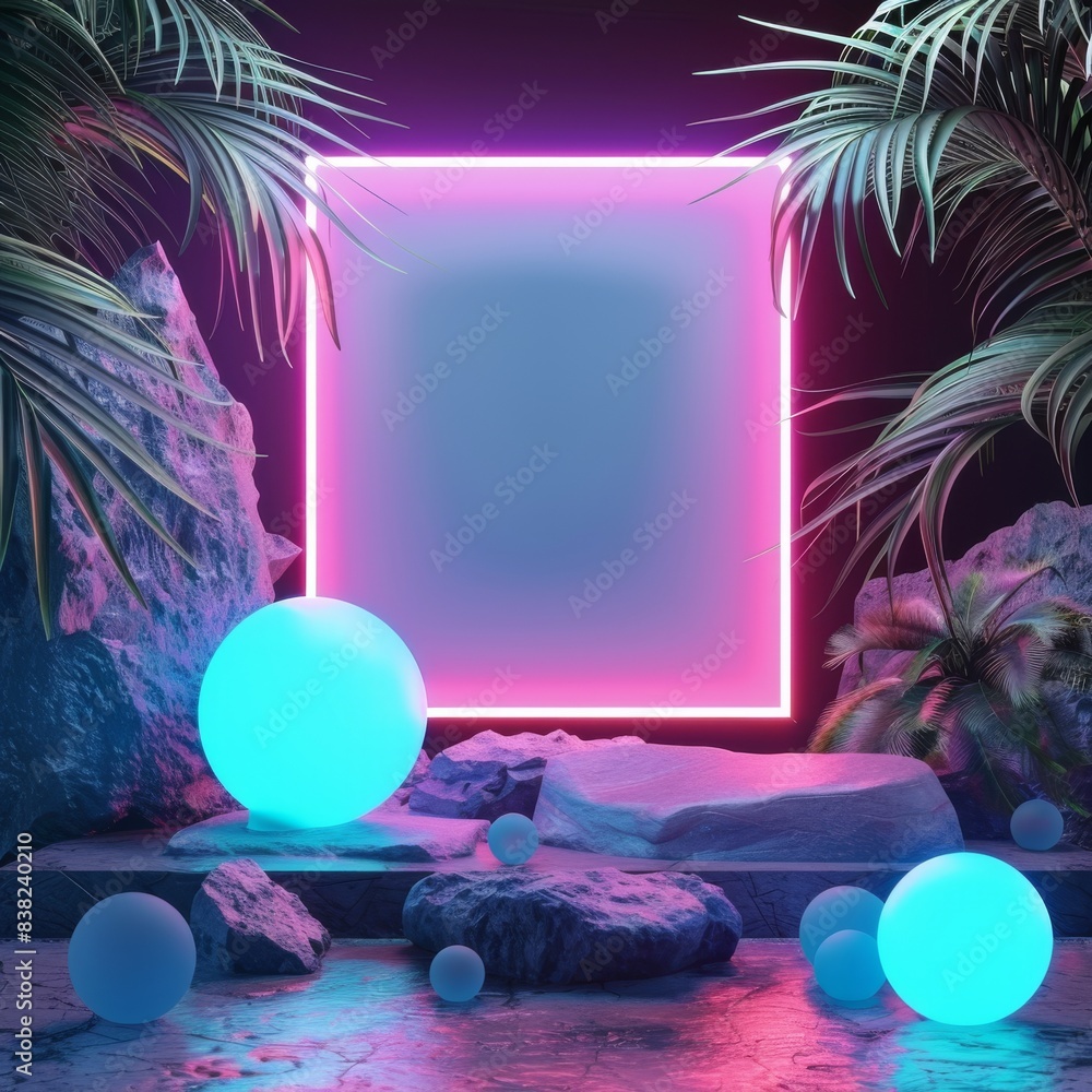 Poster the 3d rendering shows an empty stage display with neon electric lights and an abstract background o