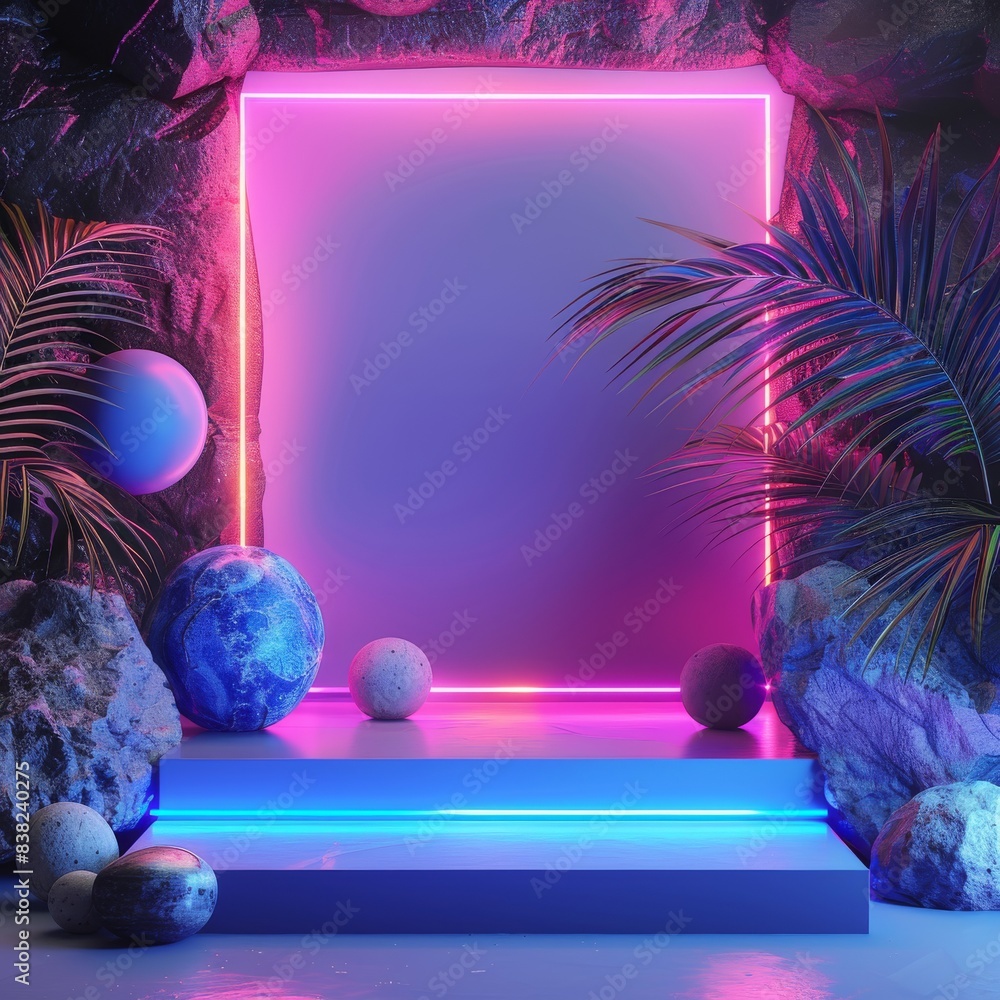 Poster 3d rendering of an empty modern stage with neon electric lights and natural concept abstract backgro