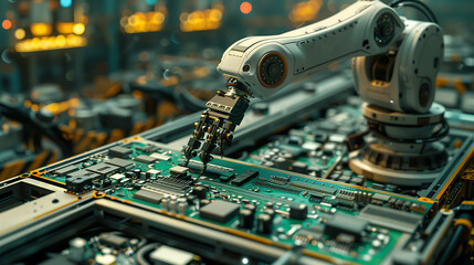 A robotic arm assembling electronic components in a high-tech manufacturing facility, representing automation and digital technology in industry, board, card, chip, circuit, future, hardware, engineer