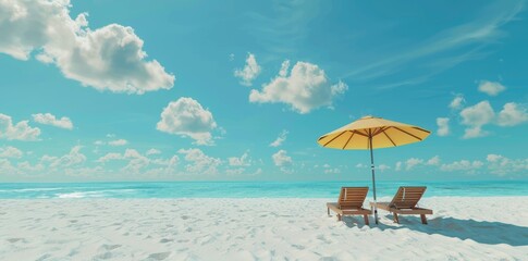 Two beach chairs and a umbrella on the white sand on a sunny day, with a blue sea in the background. A summer vacation concept banner with copy space for text summer day, ,happy summer day,