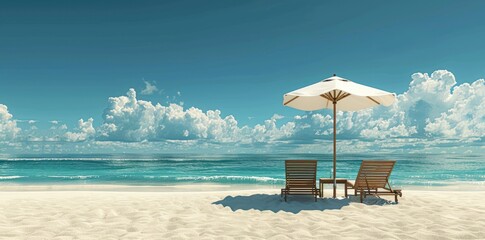 Two beach chairs and a umbrella on the white sand on a sunny day, with a blue sea in the background. A summer vacation concept banner with copy space for text summer day, ,happy summer day,