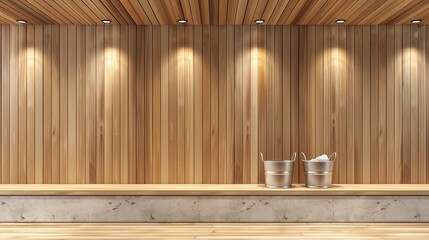 The interior of the wooden steam room with an iron and wood bucket for water, spa in nature