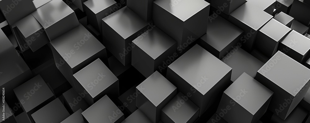 Poster background of black abstract polygons with dark cubes - 3d render illustration
