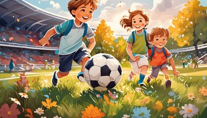 Kids playing football on the green grass