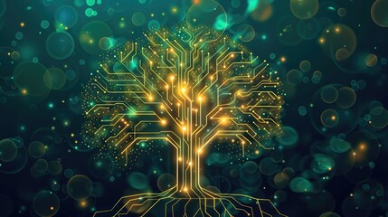 A glowing tree with circuit-like branches, set against a tech-inspired graphic background, symbolizing the future of nature