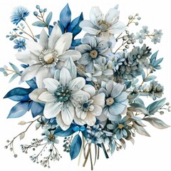 botanical watercolor heart design with blue flowers and leaves over white background, floral wedding background,