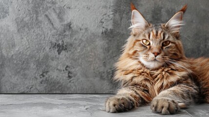 A brown tabby Maine Coon cat with green eyes lies on a grey floor, looking directly at the camera with a relaxed expression.