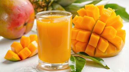 Ripe Mango Fresh fruits beverage juice or cocktail in glass isolated on white background, Healthy natural product for freshness.