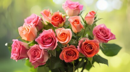 Obraz premium A vibrant bouquet of red roses arranged in a clear glass vase, with water droplets on the petals, sitting on a white tablecloth.