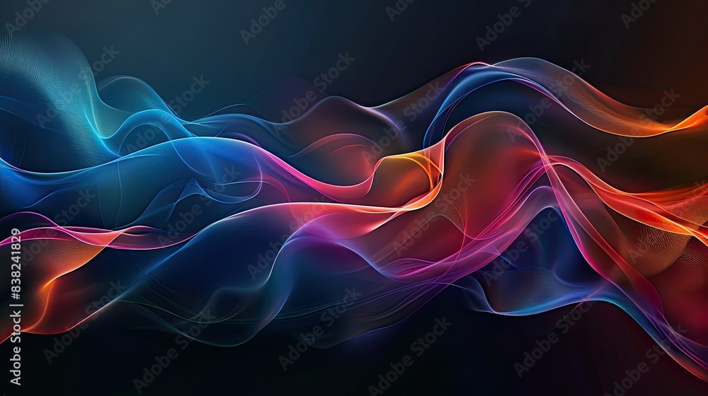 Poster abstract waves of light graphics in bright colors, creating flowing shapes on a dark background