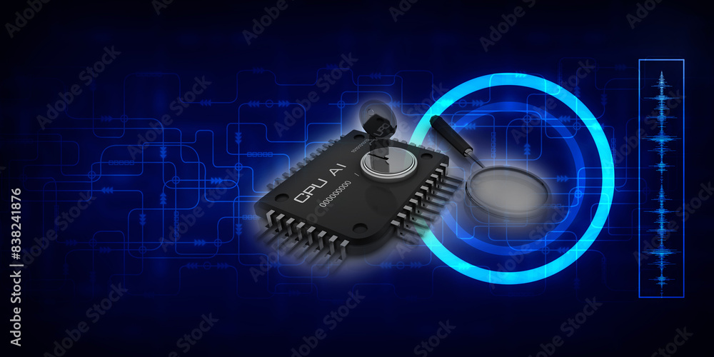 Poster 3d rendering key protected microchips near lens