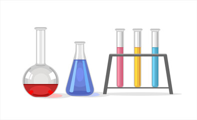 Glass test tubes with liquids of different colors. Medical research. Vector illustration