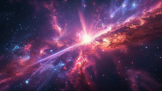 A pulsar emitting beams of intense radiation, with the star rotating rapidly and creating a lighthouse effect in space, set against a backdrop of distant galaxies and cosmic dust. shiny, Minimal and