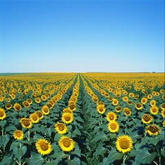 Obraz premium Rozległe pole słoneczników pod błękitnym niebem