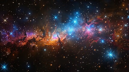 Fototapeta premium A star cluster within a nebula, with young, hot stars emitting intense light and ionizing the surrounding gases, causing them to glow in vibrant colors and form complex shapes. shiny, Minimal and
