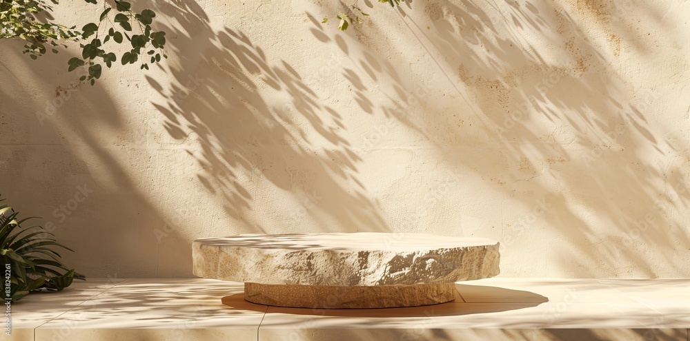 Poster this is a 3d podium display in beige background with stone slabs and copy space. a rock pedestal is 