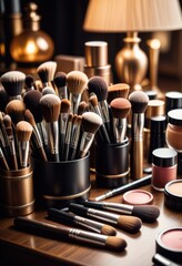 Makeup brushes and decorative cosmetics are neatly arranged on a table in a stylist's room