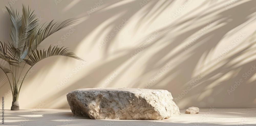 Poster three-dimensional rendering mock-up with minimalistic abstract cosmetic background and stone slab po