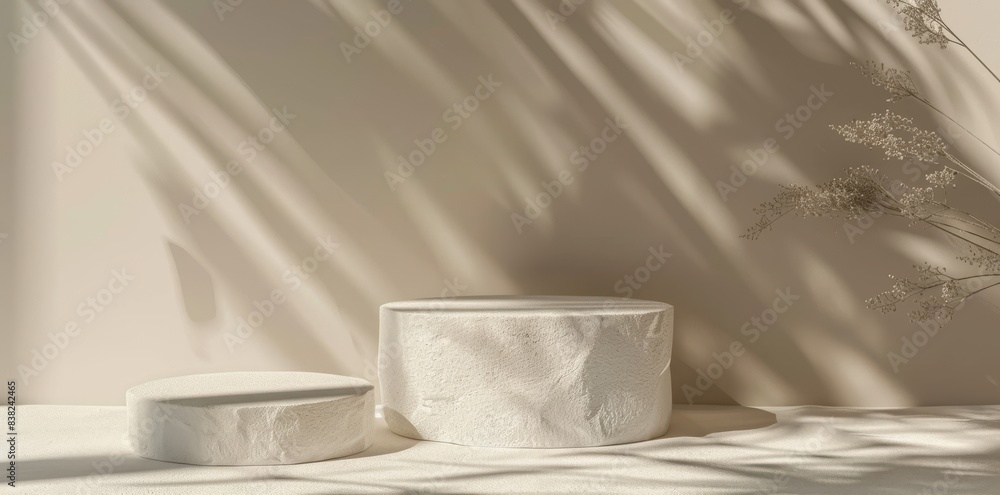 Poster mockup 3d rendering of a white marble podium with leaf shadows. abstract minimal scene with white st