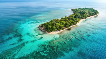 Aerial view of a serene island surrounded by turquoise sea, showcasing vibrant greenery and sandy shores