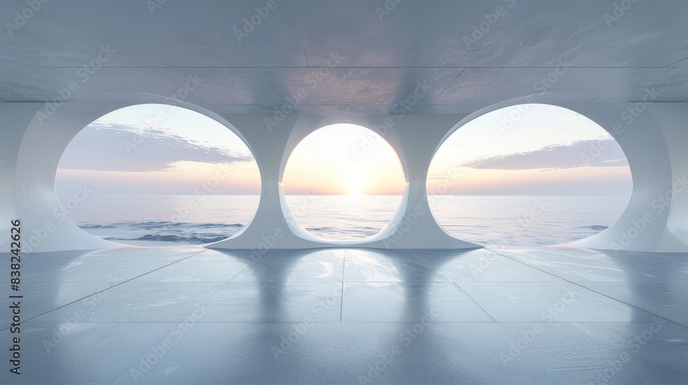 Poster rendering of 3d architecture interior with sea view