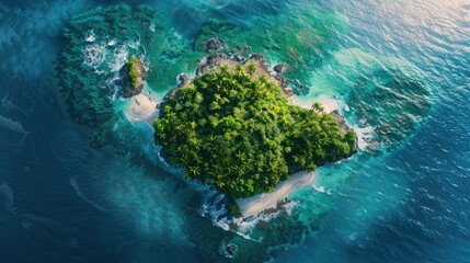 Aerial view of a stunning island in the middle of the ocean, showcasing vibrant greenery and pristine beaches