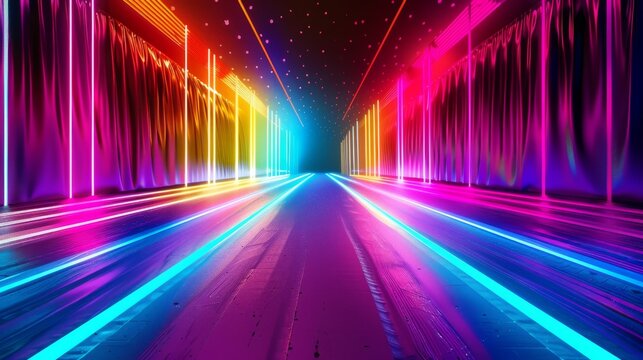 3D render, colorful spectrum background. Bright neon rays and glow lines.