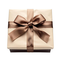 A simple and elegant gift box tied with a brown satin ribbon and bow.