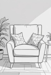 One continuous line drawing of an armchair with pillows, suitable for coloring pages