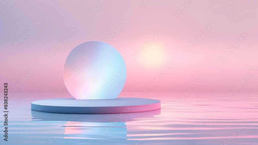 Poster an abstract 3d render of a small platform on the water with glass wall panels. a minimalist landscap